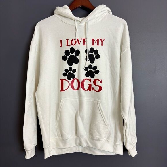 I LOVE MY DOGS White Hoodie Sweatshirt Size Large Heavy Blend Gildan NEW - Picture 1 of 5